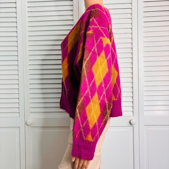 DAYDREAMER Fuchsia Sunset Argyle Cardigan Size Small - Picture 5 of 9
